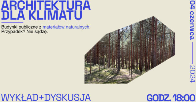 Widok lasu sosnowego w słońcu i tytuł wydarzenia.